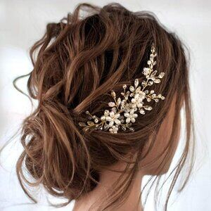 🆕Women Gold Bride Wedding Hair Comb Pearl Flower Hair Piece  Accessories